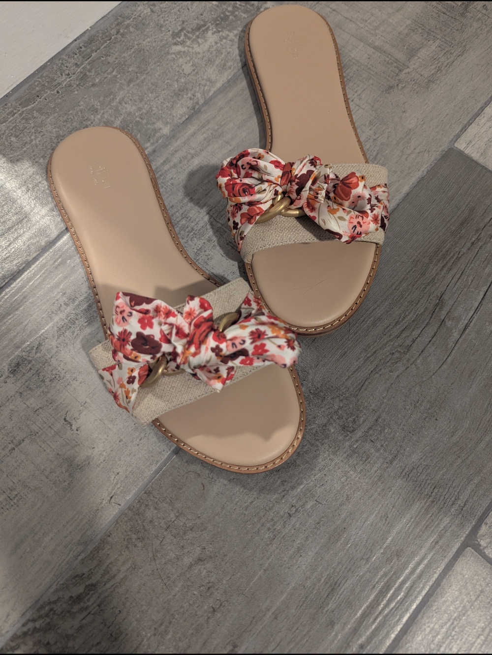 Botkier Beige Slide Sandals with Red Floral Bow
